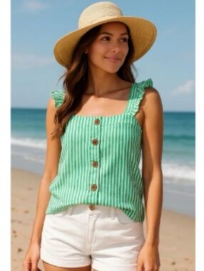 Jcrew Linen Blend Green Striped Ruffle Strap Tank Top Sz M